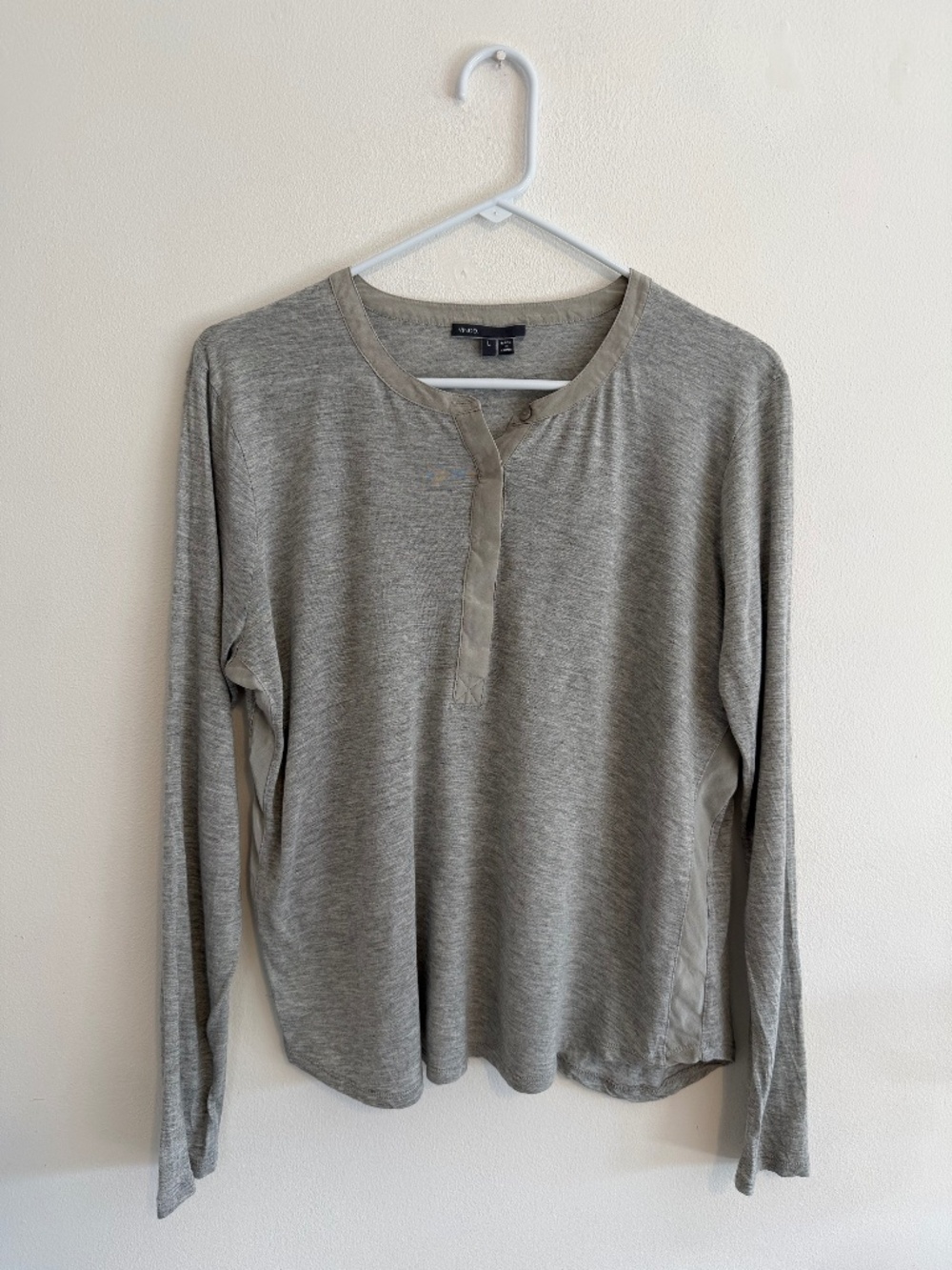 Vince Gray Viscose Long Sleeve Top with Satin Trim Size L